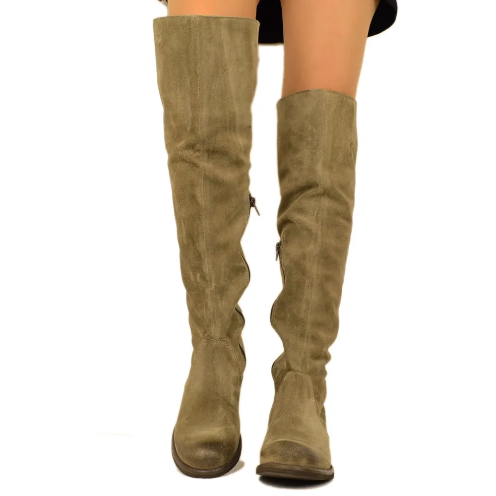 Stivali Donna Alti Classici Taupe in Camoscio con Zip Laterale