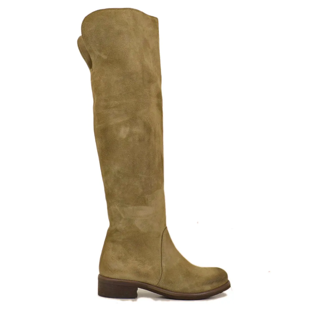 Stivali Donna Alti Classici Taupe in Camoscio con Zip Laterale