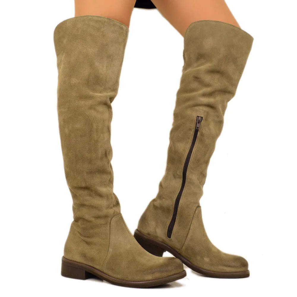 Stivali Donna Alti Classici Taupe in Camoscio con Zip Laterale