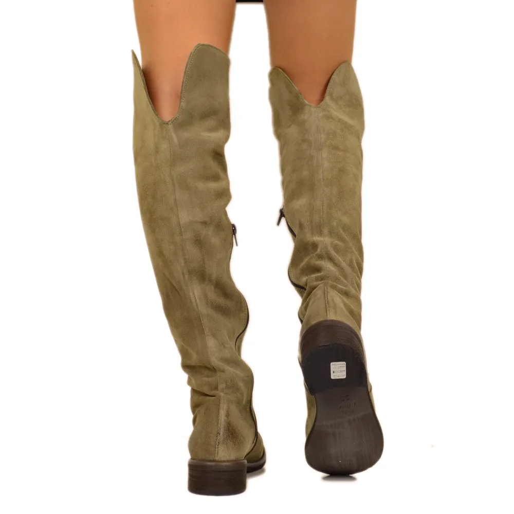 Stivali Donna Alti Classici Taupe in Camoscio con Zip Laterale