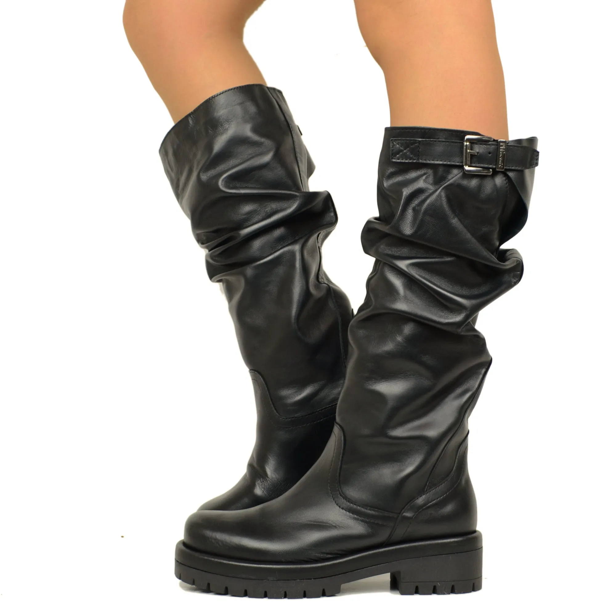 Stivali Donna Biker in Pelle Neri con Fibbia Regolabile