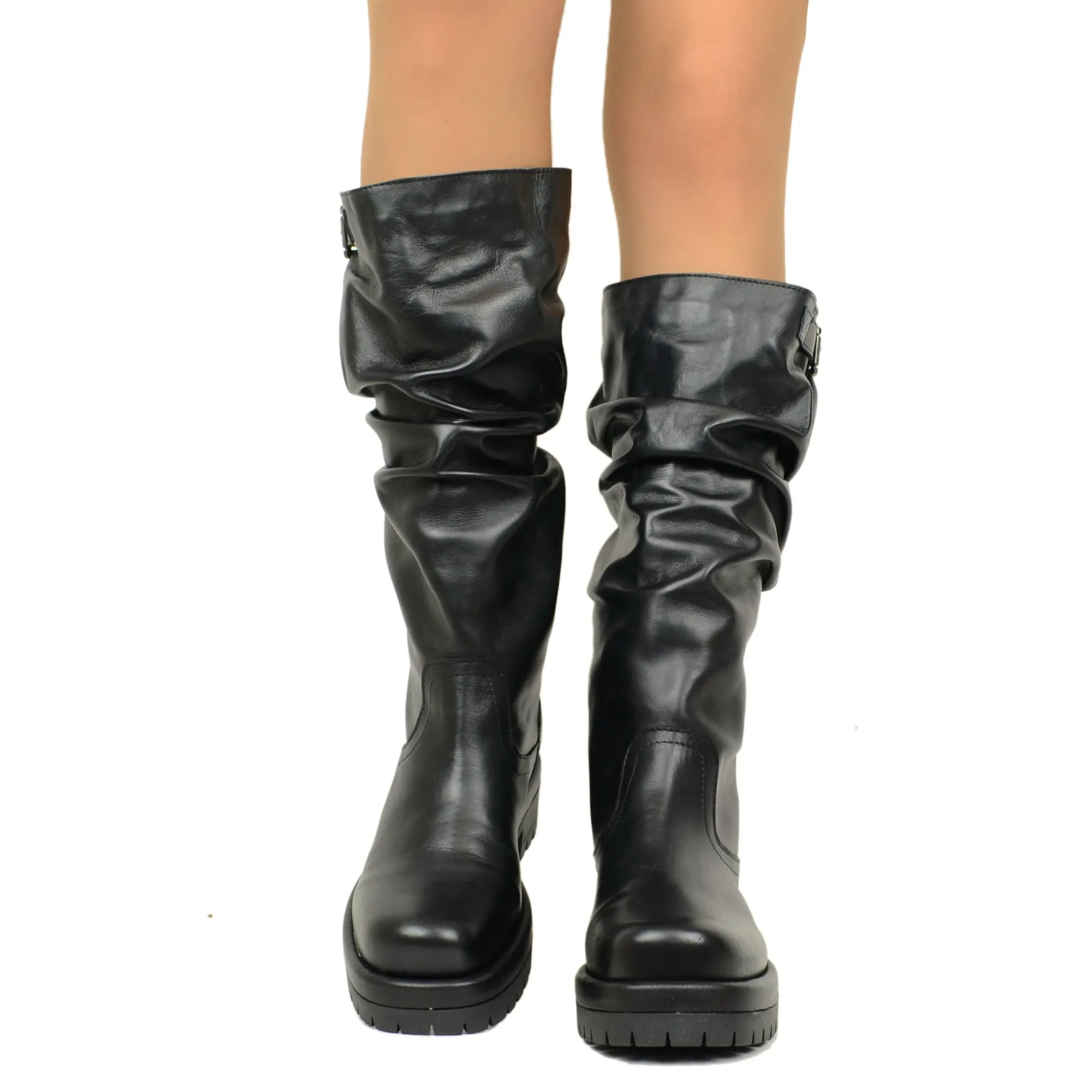 Stivali Donna Biker in Pelle Neri con Fibbia Regolabile