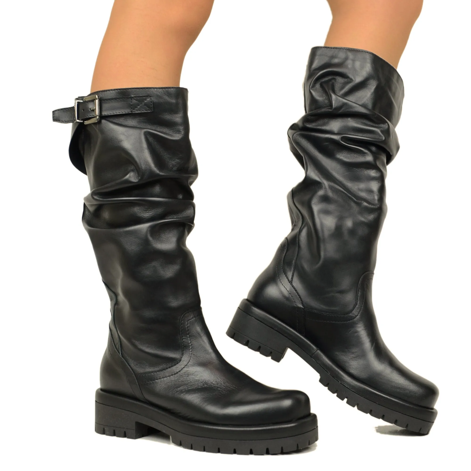 Stivali Donna Biker in Pelle Neri con Fibbia Regolabile