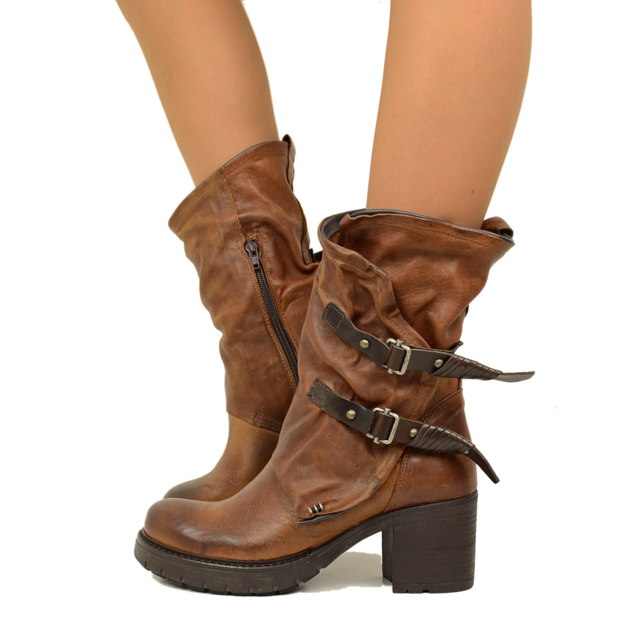 Stivali Donna Biker Marroni in Pelle Vintage Made in Italy