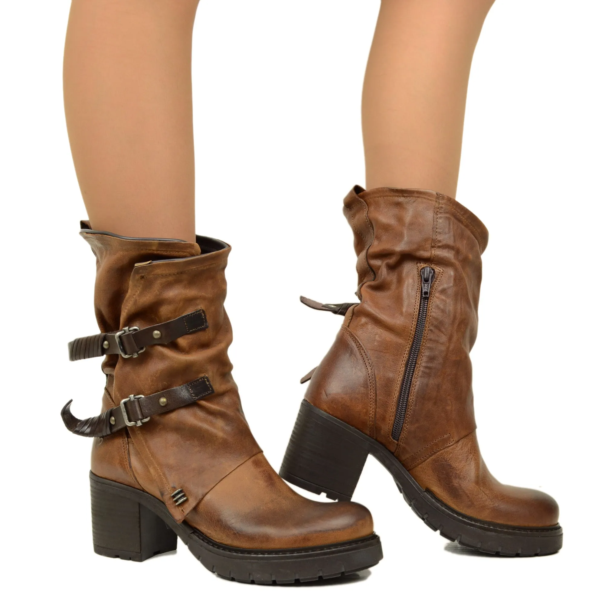 Stivali Donna Biker Marroni in Pelle Vintage Made in Italy