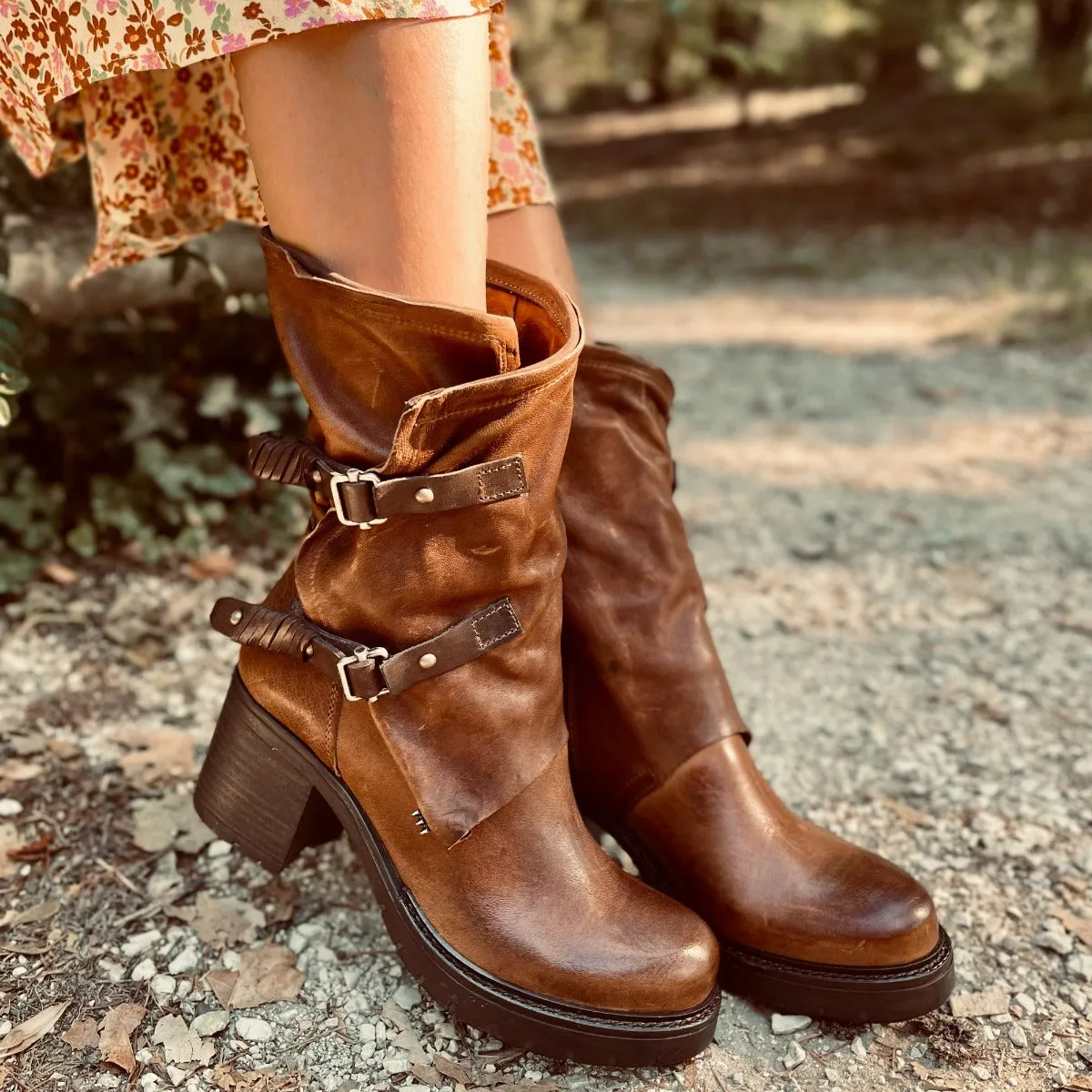 Stivali Donna Biker Marroni in Pelle Vintage Made in Italy