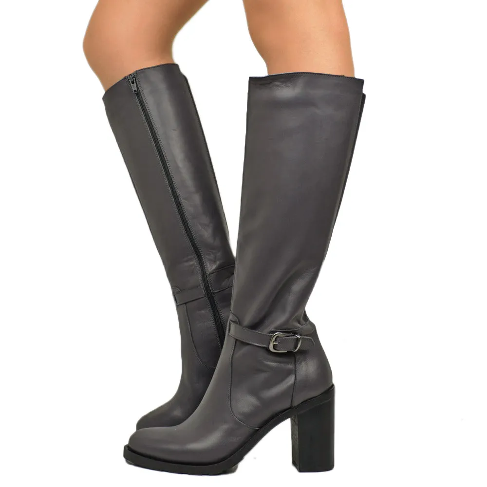 Stivali Donna Grigi in Pelle con Zip e Tacco Alto Made in Italy