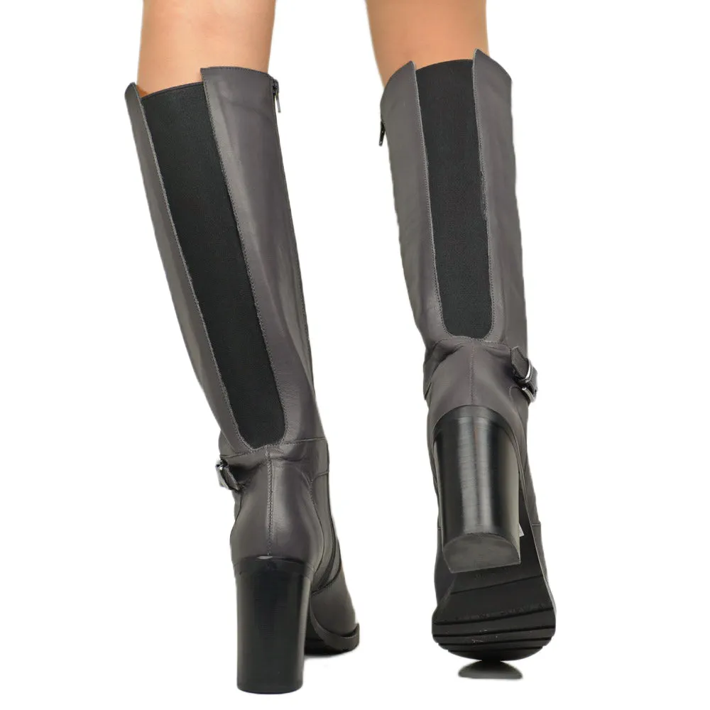 Stivali Donna Grigi in Pelle con Zip e Tacco Alto Made in Italy