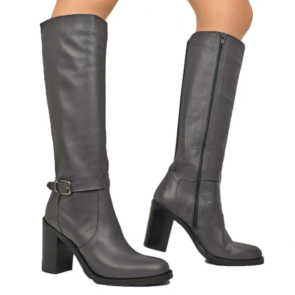 Stivali Donna Grigi in Pelle con Zip e Tacco Alto Made in Italy