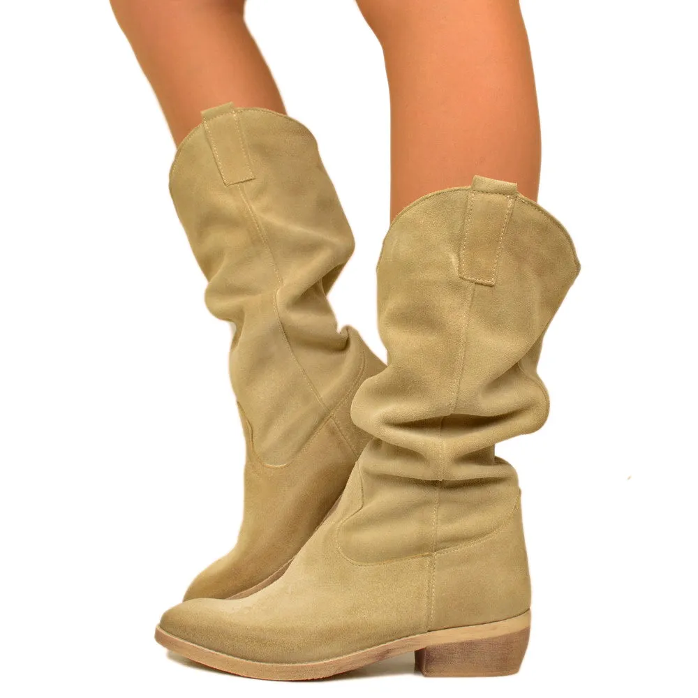 Stivali Donna Texani in Camoscio Beige Made in Italy