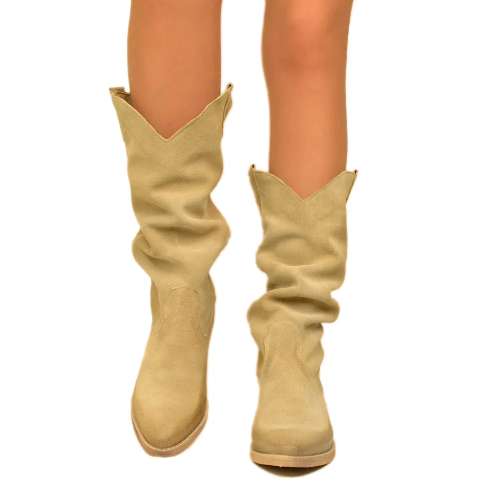 Stivali Donna Texani in Camoscio Beige Made in Italy