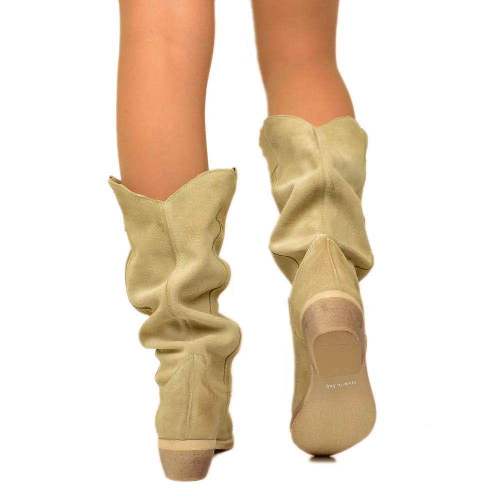 Stivali Donna Texani in Camoscio Beige Made in Italy