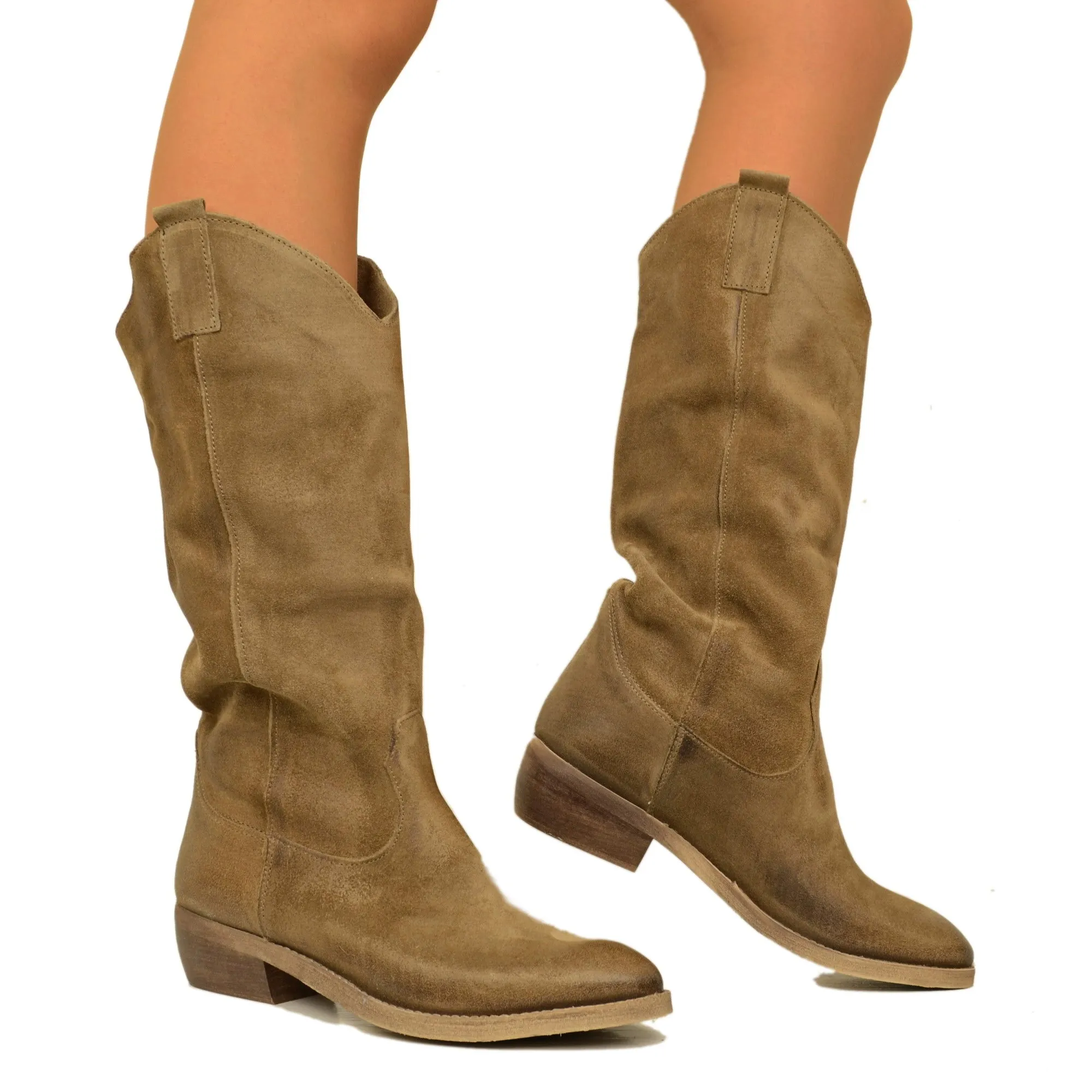 Stivali Donna Texani in Camoscio Taupe Made in Italy