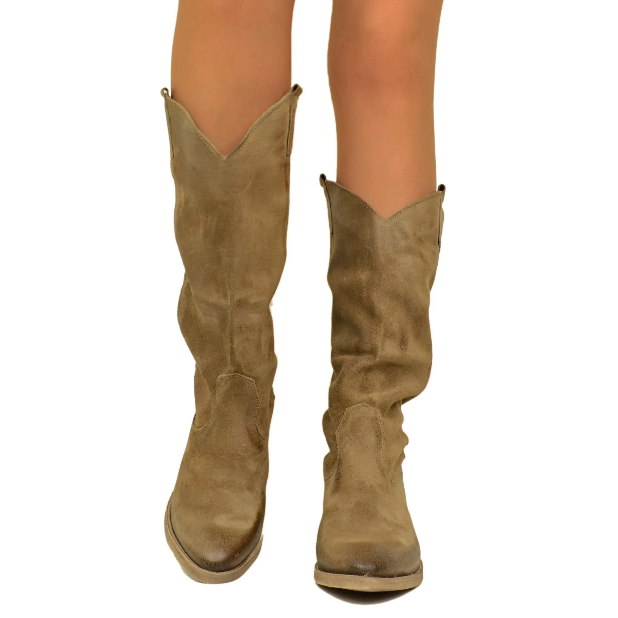 Stivali Donna Texani in Camoscio Taupe Made in Italy