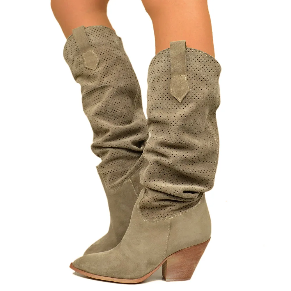Stivali Texani Donna Traforati in Camoscio Taupe con Tacco Alto
