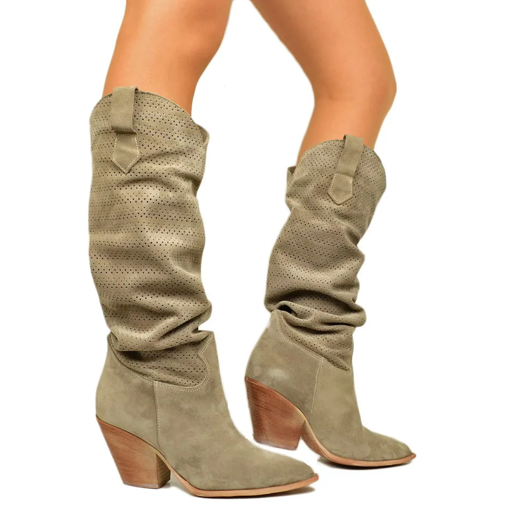 Stivali Texani Donna Traforati in Camoscio Taupe con Tacco Alto