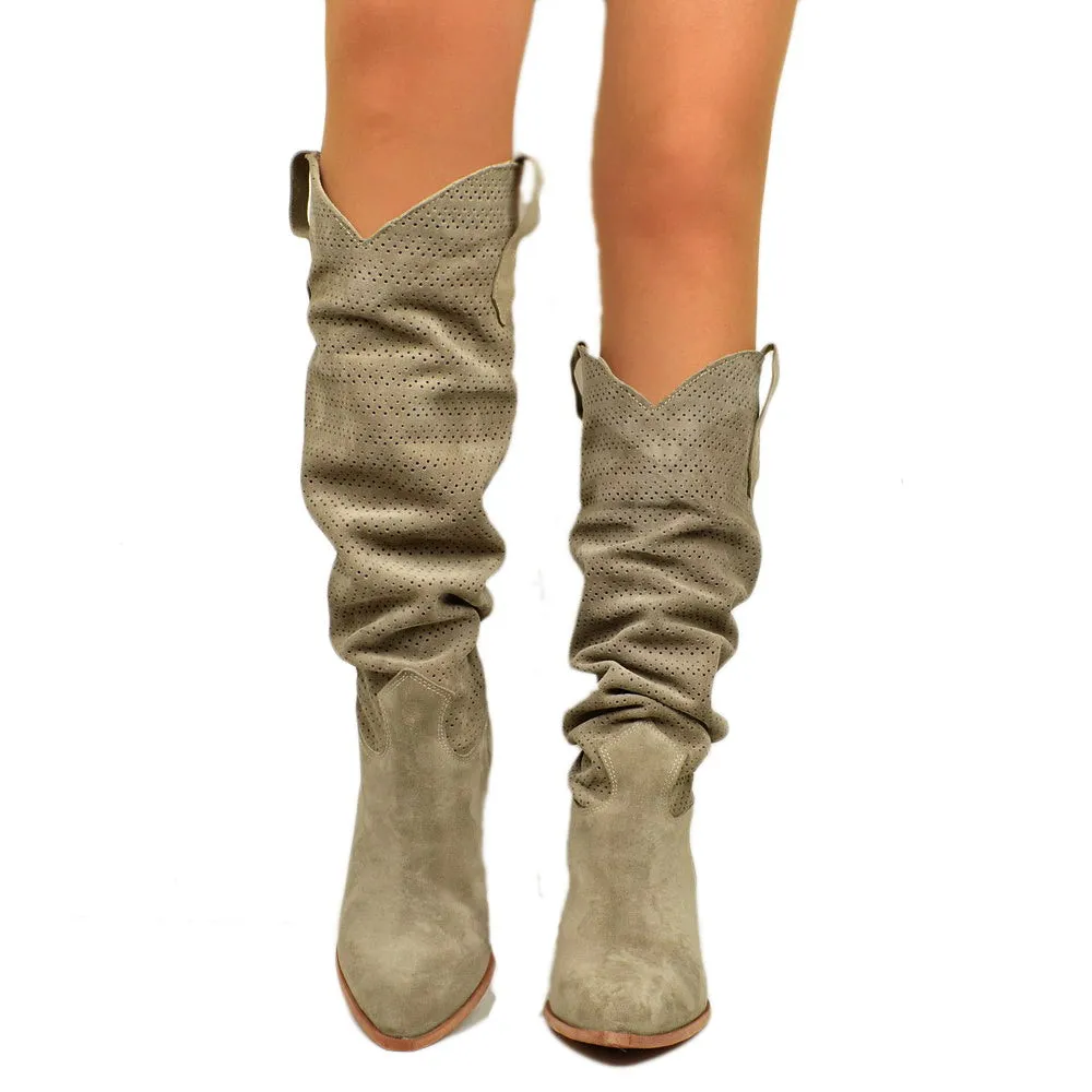 Stivali Texani Donna Traforati in Camoscio Taupe con Tacco Alto