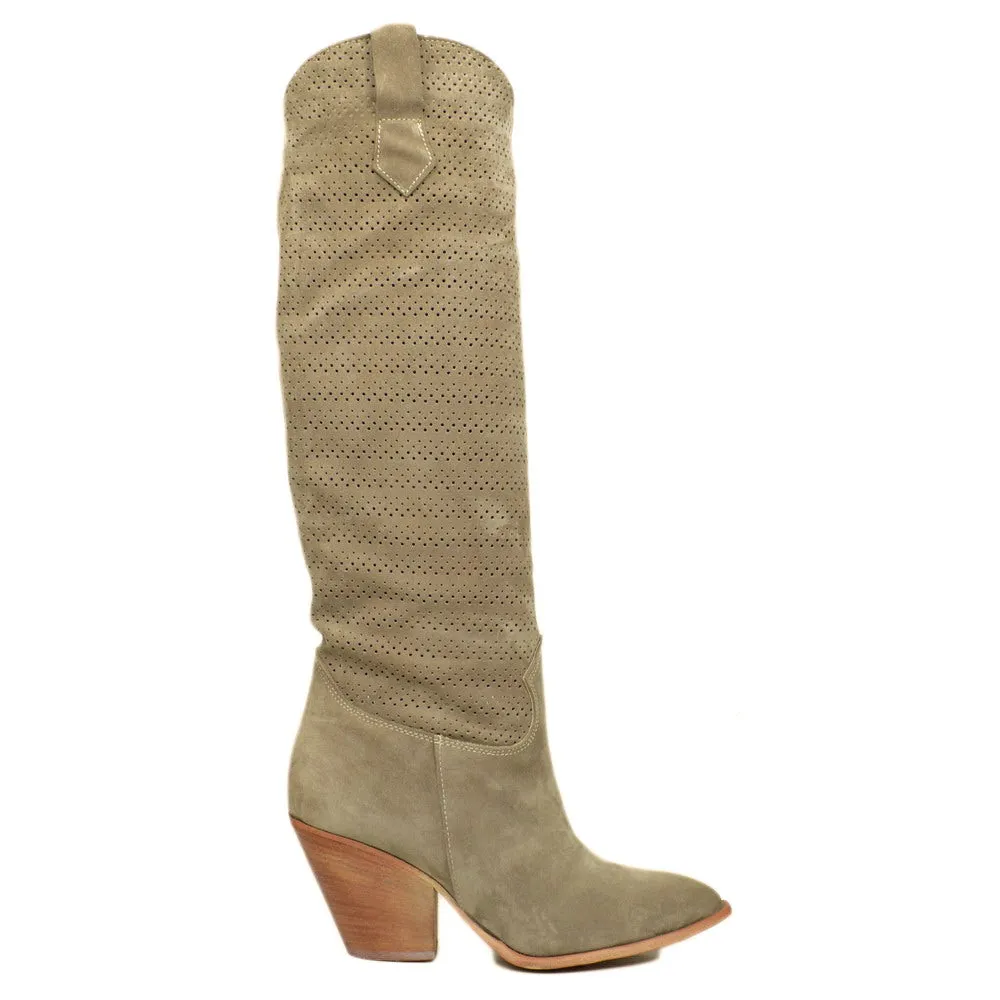 Stivali Texani Donna Traforati in Camoscio Taupe con Tacco Alto
