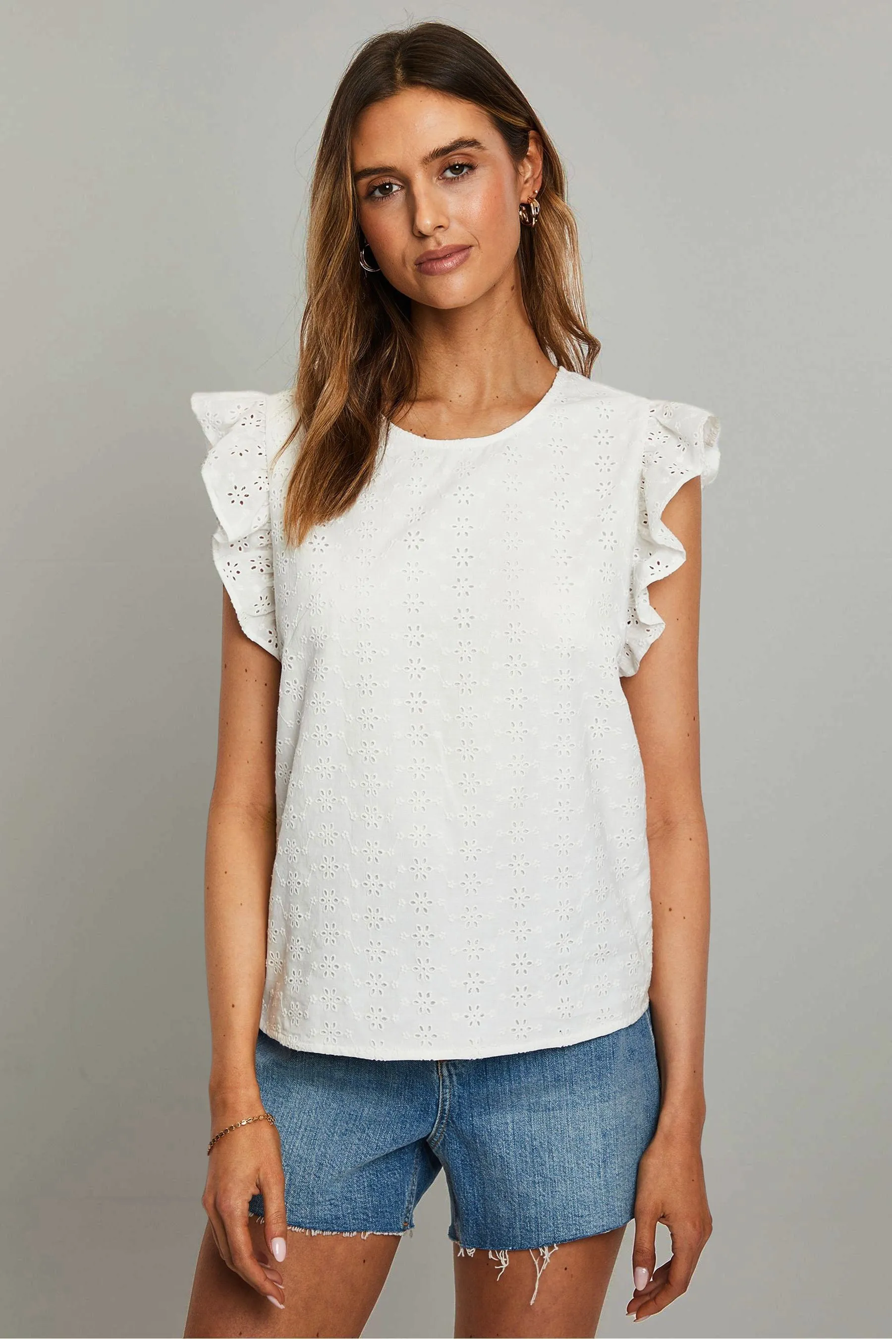 Threadbare 100% Cotton Broderie Frill Sleeve Blouse    
